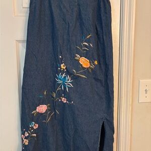 Vintage Blair Blue Chambray Floral Embroidered Maxi Skirt Grandma